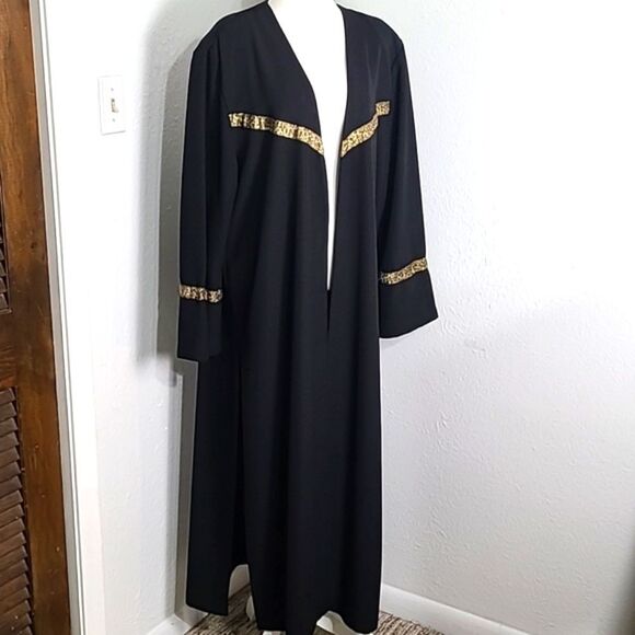 Whisper Open Front Maxi Kaftan, Black with Gold Trim, Size 2X - Picture 1 of 10